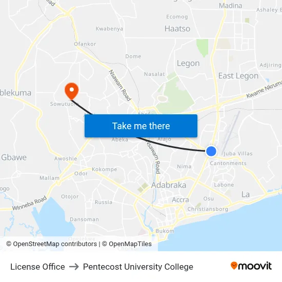 License Office to Pentecost University College map