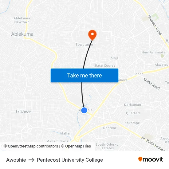 Awoshie to Pentecost University College map