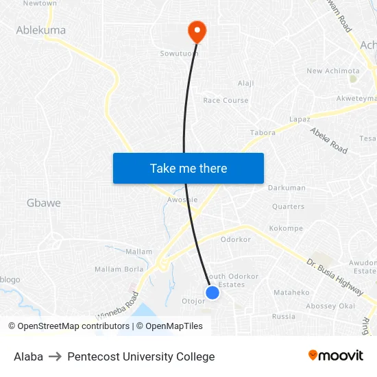 Alaba to Pentecost University College map