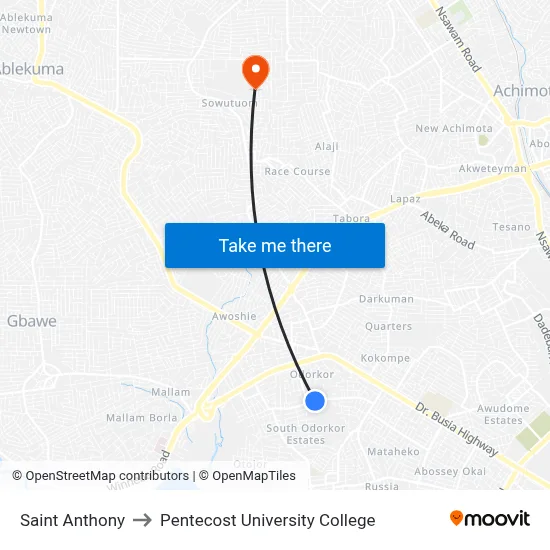 Saint Anthony to Pentecost University College map