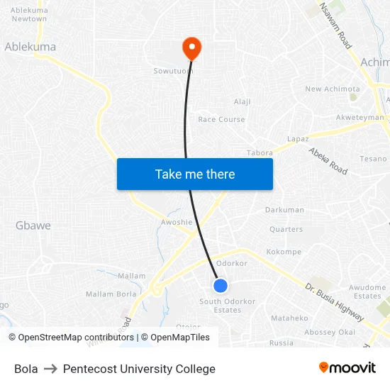 Bola to Pentecost University College map