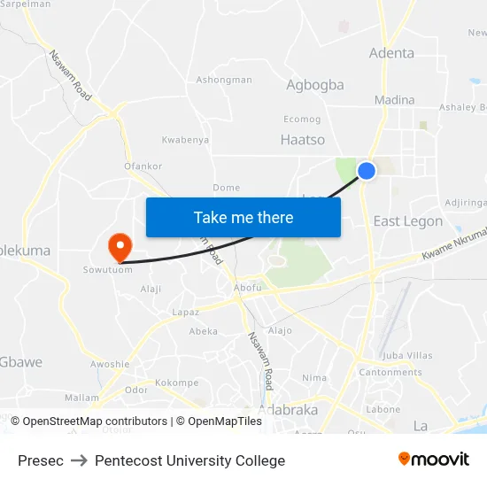 Presec to Pentecost University College map