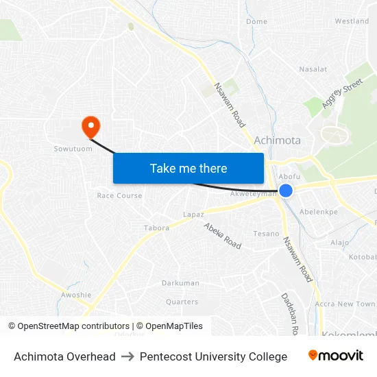 Achimota Overhead to Pentecost University College map
