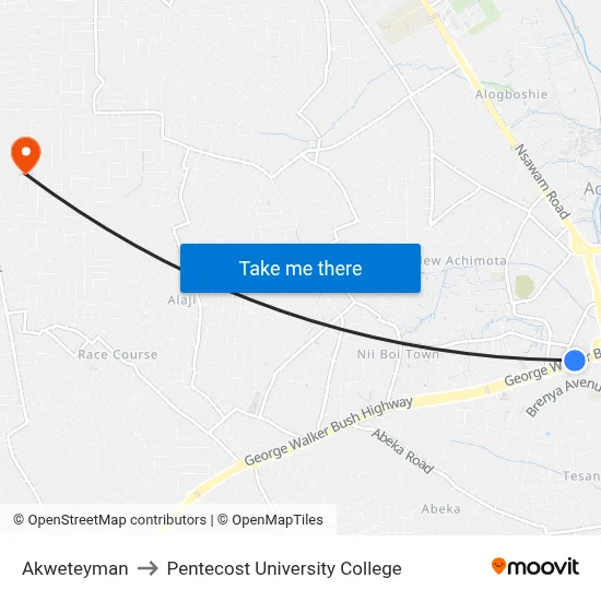 Akweteyman to Pentecost University College map