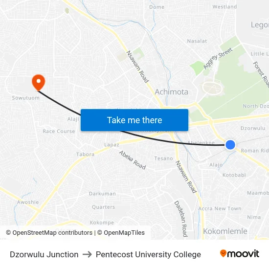 Dzorwulu Junction to Pentecost University College map