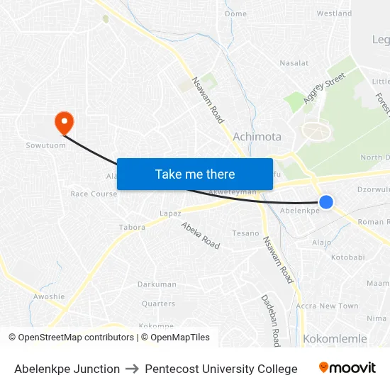 Abelenkpe Junction to Pentecost University College map