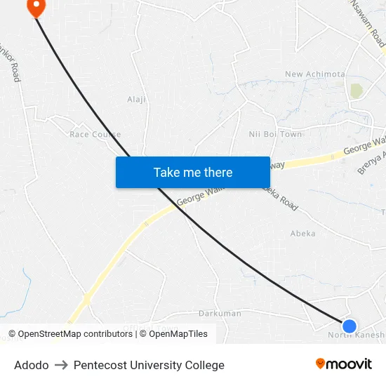 Adodo to Pentecost University College map
