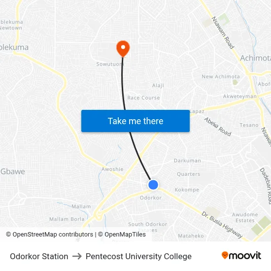 Odorkor Station to Pentecost University College map