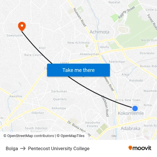 Bolga to Pentecost University College map