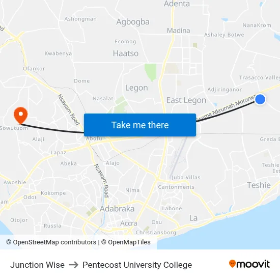 Junction Wise to Pentecost University College map