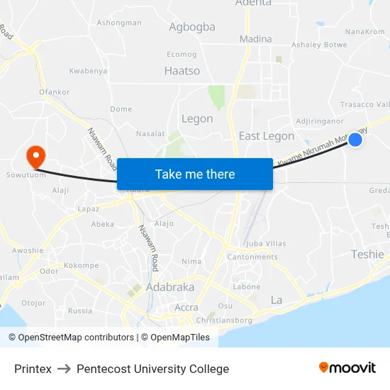 Printex to Pentecost University College map