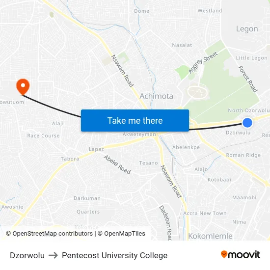 Dzorwolu to Pentecost University College map
