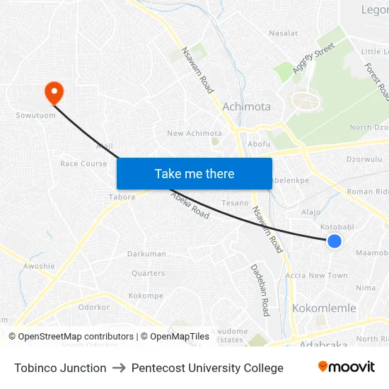 Tobinco Junction to Pentecost University College map