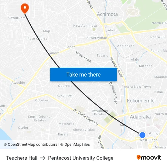 Teachers Hall to Pentecost University College map