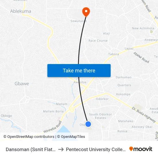 Dansoman (Ssnit Flats) to Pentecost University College map