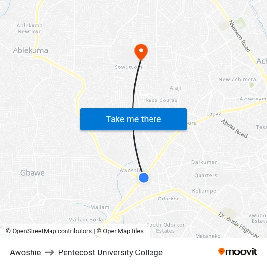 Awoshie to Pentecost University College map
