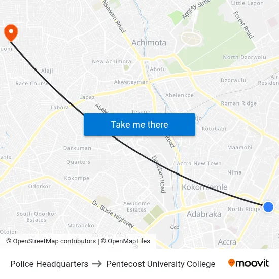Police Headquarters to Pentecost University College map