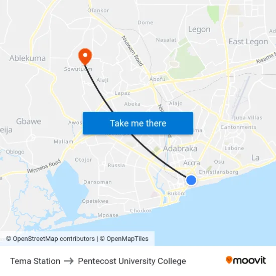 Tema Station to Pentecost University College map
