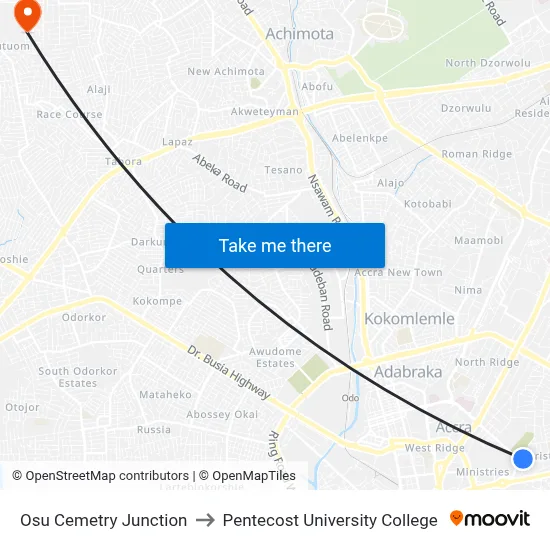 Osu Cemetry Junction to Pentecost University College map
