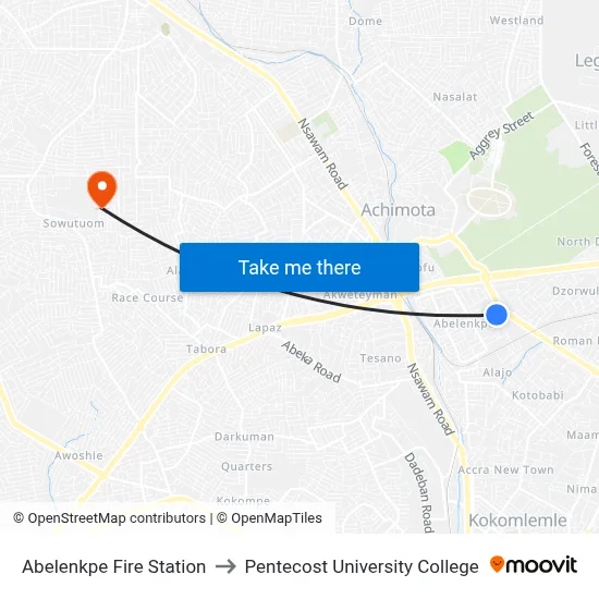 Abelenkpe Fire Station to Pentecost University College map
