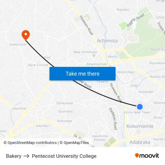 Bakery to Pentecost University College map