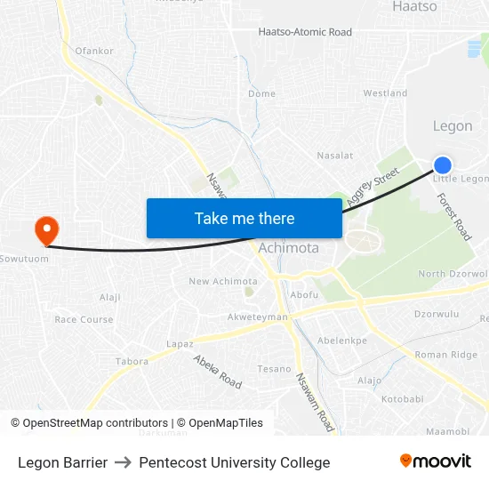 Legon Barrier to Pentecost University College map