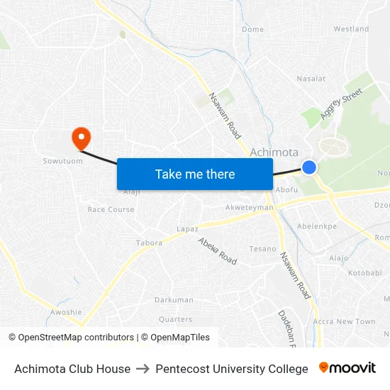 Achimota Club House to Pentecost University College map