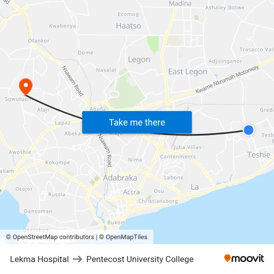 Lekma Hospital to Pentecost University College map