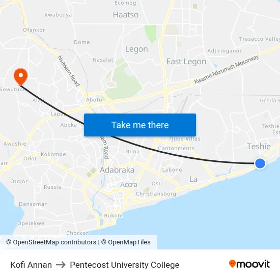Kofi Annan to Pentecost University College map