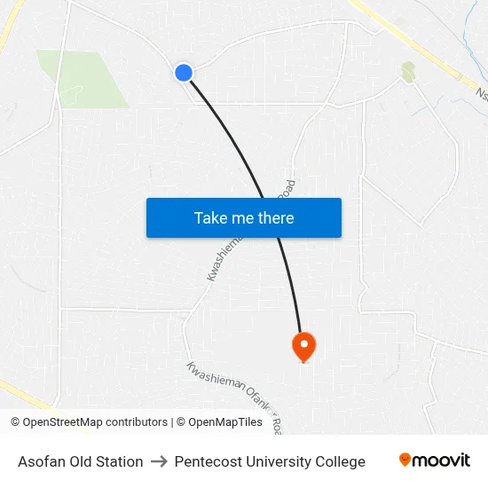 Asofan Old Station to Pentecost University College map