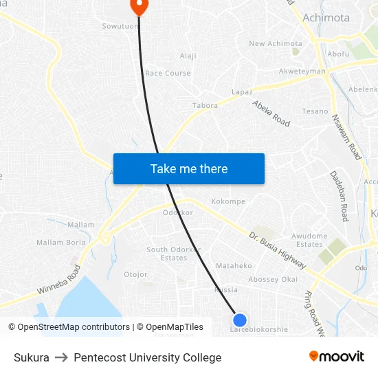Sukura to Pentecost University College map
