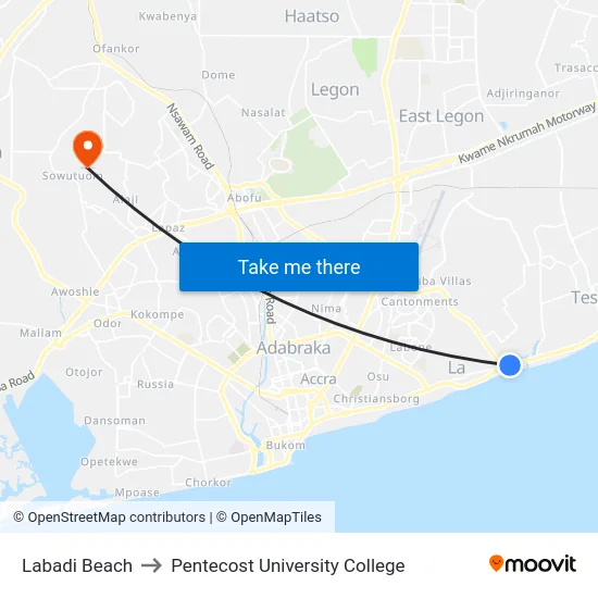 Labadi Beach to Pentecost University College map