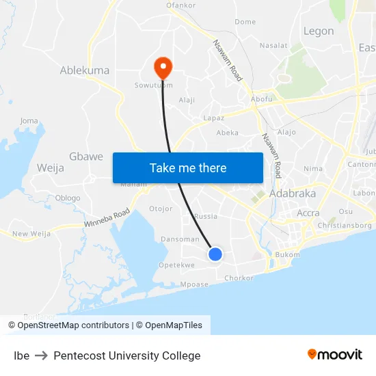 Ibe to Pentecost University College map