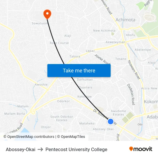 Abossey-Okai to Pentecost University College map