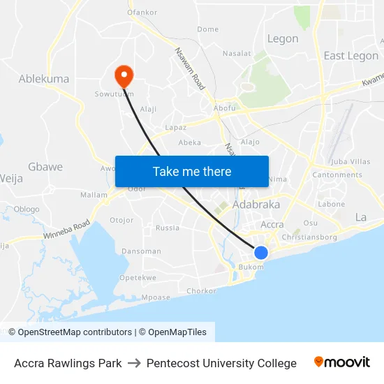 Accra Rawlings Park to Pentecost University College map