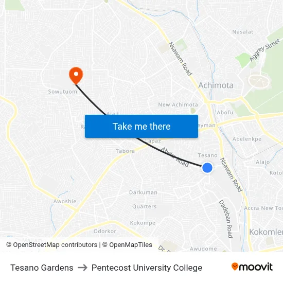 Tesano Gardens to Pentecost University College map