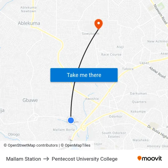 Mallam Station to Pentecost University College map