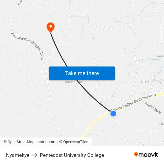 Nyamekye to Pentecost University College map