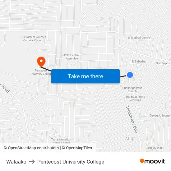 Walaako to Pentecost University College map