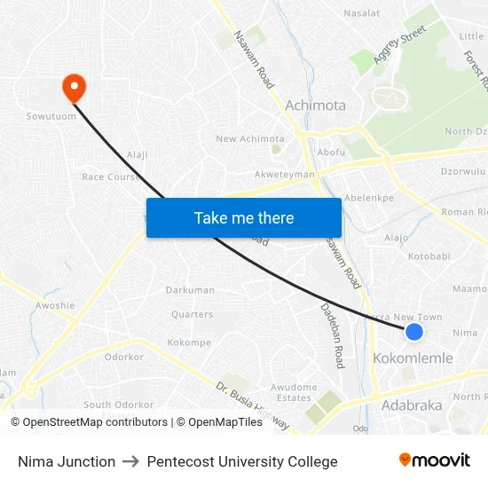 Nima Junction to Pentecost University College map