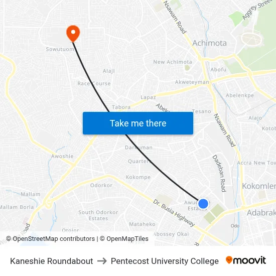 Kaneshie Roundabout to Pentecost University College map