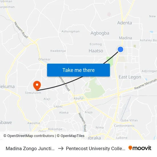Madina Zongo Junction to Pentecost University College map