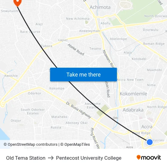 Old Tema Station to Pentecost University College map