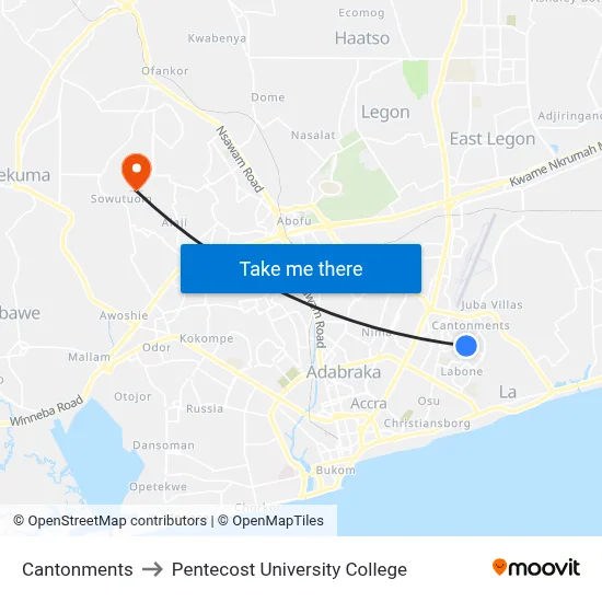 Cantonments to Pentecost University College map