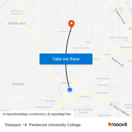 Vineyard to Pentecost University College map