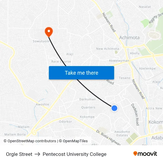 Orgle Street to Pentecost University College map