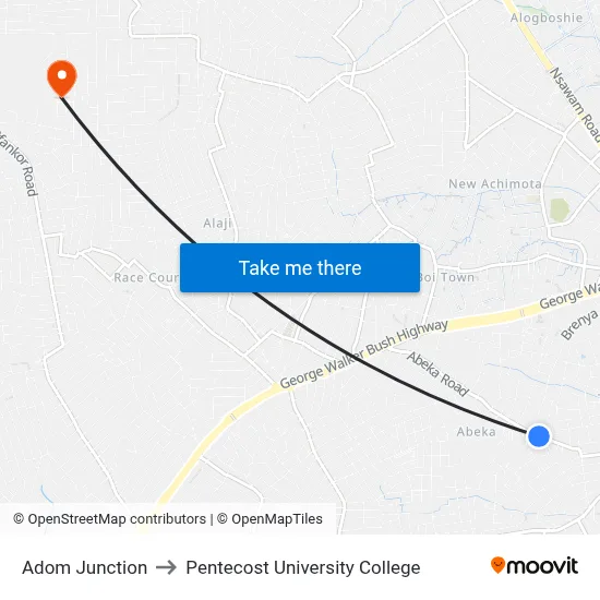 Adom Junction to Pentecost University College map