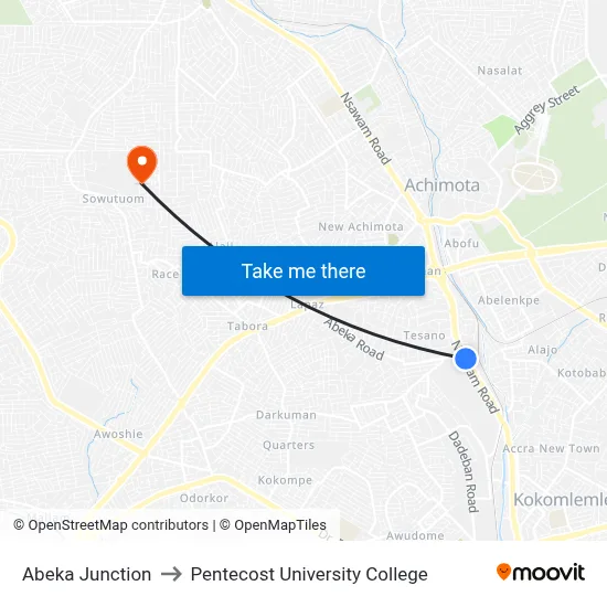 Abeka Junction to Pentecost University College map