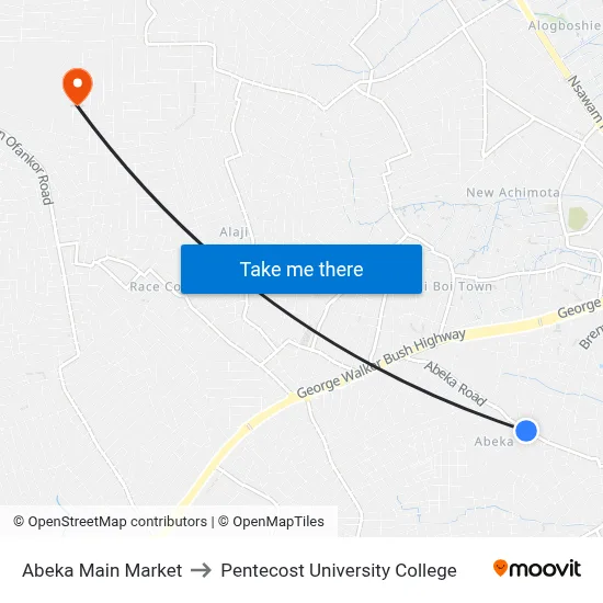 Abeka Main Market to Pentecost University College map