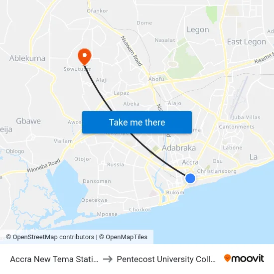 Accra New Tema Station to Pentecost University College map